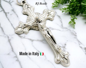 RJ Beads · 2-1/8" · Silver Flared Sunburst Crucifix Cross - made in Italy · Rosary Jewelry Cross Pendant Charm DIY Craft Easter Christmas