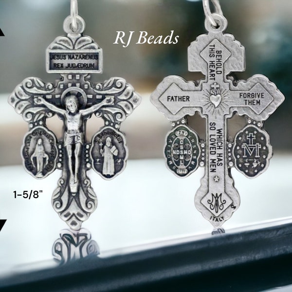 Silver 1-5/8" · Made in Italy · 3-Way Pardon Indulgence Crucifix Miraculous & Saint St Benedict Medal · Rosary Cross Pendant Catholic Charm