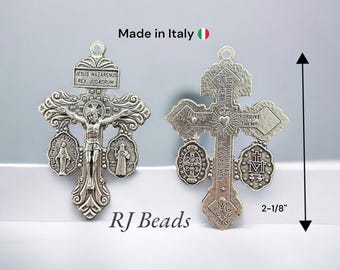 Oxidized Silver 2-1/8&quot; · Made in Italy · 3-Way Pardon Indulgence Crucifix Miraculous & Saint St Benedict Medal · Rosary Cross