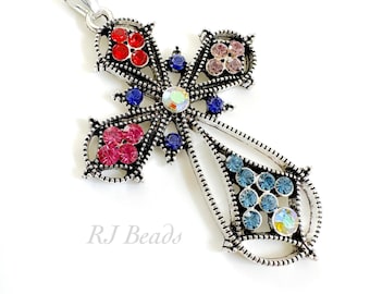 2" Antique Silver Rhinestone Colorful Crystal Sparkling Wedding Bridal Communion Rosary Cross Pendant Charm with Bail