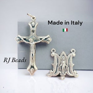 Rosary Making Supply SET · Crucifix Cross and Miraculous Medal Ave Maria Center Centerpiece · Silver · Made in Italy · Shipped from USA!