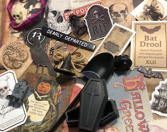 Halloween theme odds and ends of Ephemera, miniatures, paper, fabric, ribbon, handmade, Tim Holtz  for junk journal vignette decor, creepy