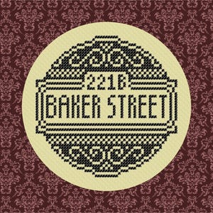 May include: A black and white pixelated sign with the text "221B BAKER STREET" in a circle on a cream background.
