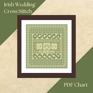 May include: A framed cross-stitch pattern with an Irish wedding theme. The design features Celtic knotwork and the text "Irish Wedding Cross Stitch" at the top. The centre includes initials, a heart, and the date "JAN. 19, 2022".