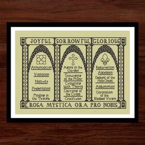 May include: A black and white cross stitch pattern with the words "JOYFUL SORROWFUL GLORIOUS" at the top. The pattern depicts three arches with different scenes from the life of Jesus Christ. The text below the arches reads "ROSA MYSTICA ORA PRO NOBIS".