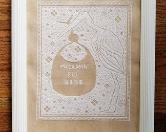 Stork Birth Sampler Cross Stitch Pattern: Customizable Name (Digital Download)
