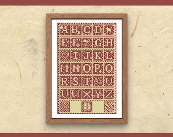 Red Alphabet Cross Stitch Sampler: Customizable Initial Chart (PDF Download)