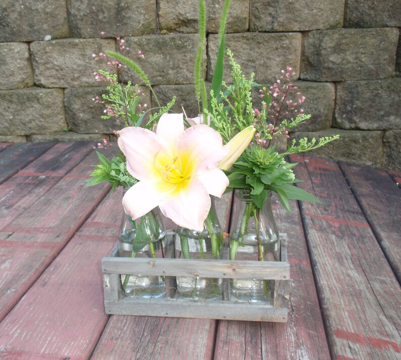 Rusticprimitive Chicken Wire Crate With Three Glass Milk Bottles Farmhouse Decor Vintage Look Rustic Wedding
