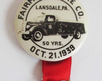Vintage Celluloid Fireman Pinback Button: Fairmont Fire Co. 50 Yrs. w/ Ribbon & Hat