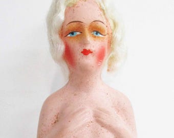 Vintage Paper Mache Half Doll: Hand-Painted Face, Mohair Wig - 1920s Germany