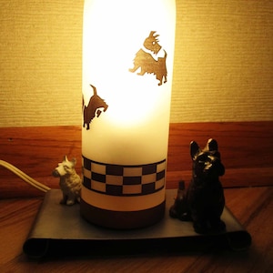 Vintage Boudoir Table Lamp Two Cast Metal Scottie Dogs and Scotties on the Glass Shade Art Deco 1940s Works