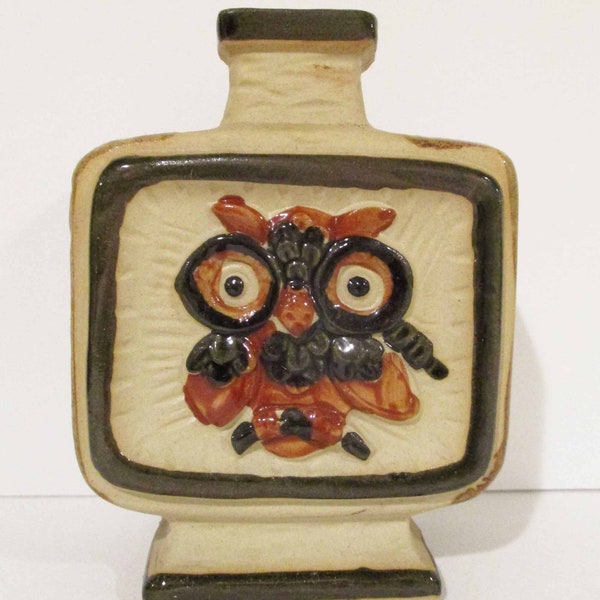 MCM Ceramic Vase or Bottle with Embossed and Hand Painted Owl 1970s