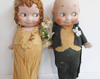 Vintage Kewpie Bride and Groom Cake Toppers with Crepe Paper Clothes Japan 6-3/4" tall 1920s