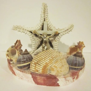 MCM Kitschy Shell Art with Jesus on the Cross Shrine and Swirled Plaster Base 1950s