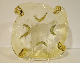 Mid Century Modern Heavy Murano Hand Blown Controlled Bubble Transparent Yellow Stylized Bowl 1960s