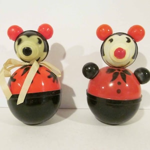 Pair of Celluloid Pie-Eyed Mickey Mouse Roly Polys Made in Japan 1930s As Is