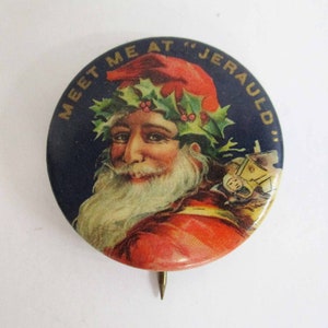 Vintage Advertising Premium Santa Claus Celluloid Pinback Button &quot;Jerauld&quot; 1920s