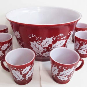 Vintage Christmas Egg Nog Punch Set Hazel Atlas Maroon with White Holly Bowl and 6 Cups Set 1940s