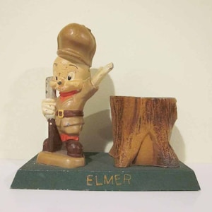 Vintage Cast Metal Warner Brothers Elmer Fudd Tree Trunk Pencil Holder 1940s
