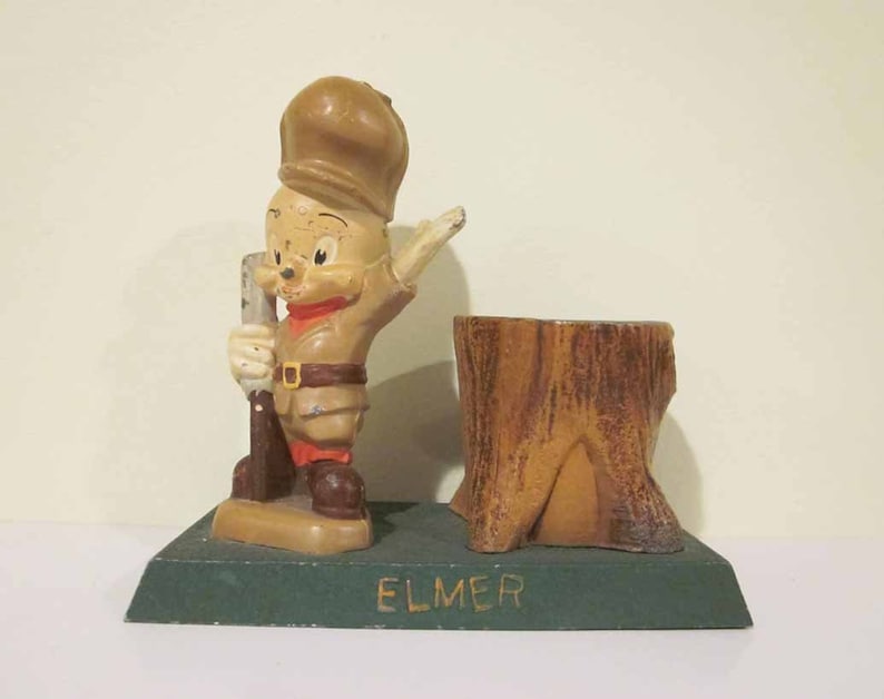 Vintage Cast Metal Elmer Fudd Tree Trunk Pencil Holder 1940s