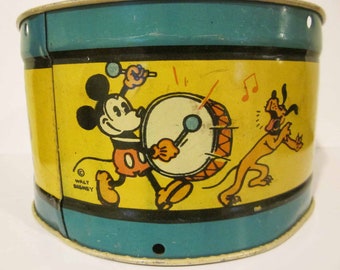 Early Walt Disney 1930s Mickey Mouse and Friends Ohio  Art Tin Litho Toy Drum