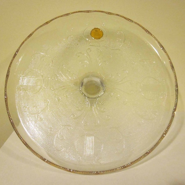 Jeanette Glass Company Harp Depression Glass Pattern Cake Stand in Crystal with Gold Trim and Label Not Used 1950s