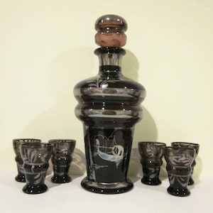 Vintage Amethyst Venetian Glass Silver Overlay Decanter with 6 Shot Glasses Gondola Scene