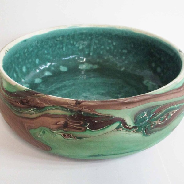 Vintage Colorado Pottery Estes Park Hand Painted Swirl in Browns and Greens Flat Bowl 7 Inch Diameter c.1940s