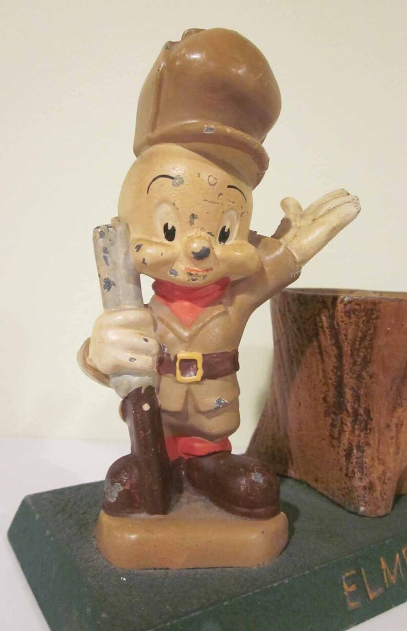 Vintage Cast Metal Elmer Fudd Tree Trunk Pencil Holder 1940s