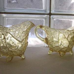 Tiara Indiana Glass Yellow Mist Avocado Creamer and Sugar 1980s