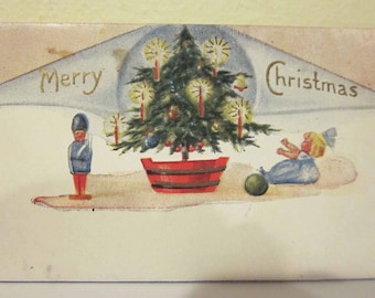 Early Embossed Christmas Placecard Tree, Doll, and Soldier Names on Back 1920s