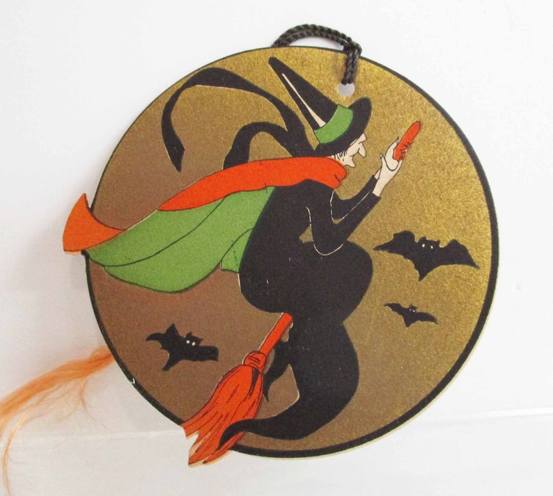 Vintage 1930s Halloween Bridge Tally: Gibson Witch Flying on Gold Moon ...