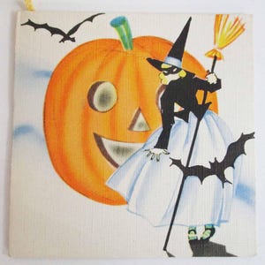 Vintage Halloween Single Fold Bridge Tally U.S.A. Heks en vleermuizen voor lachende JOL Niet gebruikt jaren 40
