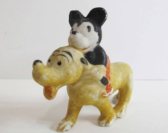 Walt Disney Bisque Mickey Mouse Sits on Pluto Toy Figurine 1930s