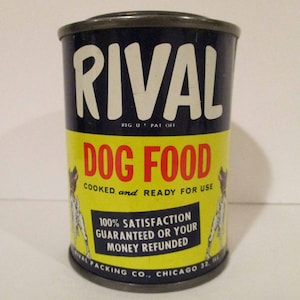 Rival Dog Food Tin Litho Premium or Mail In Can Bank with the Slot on the Bottom 1950s