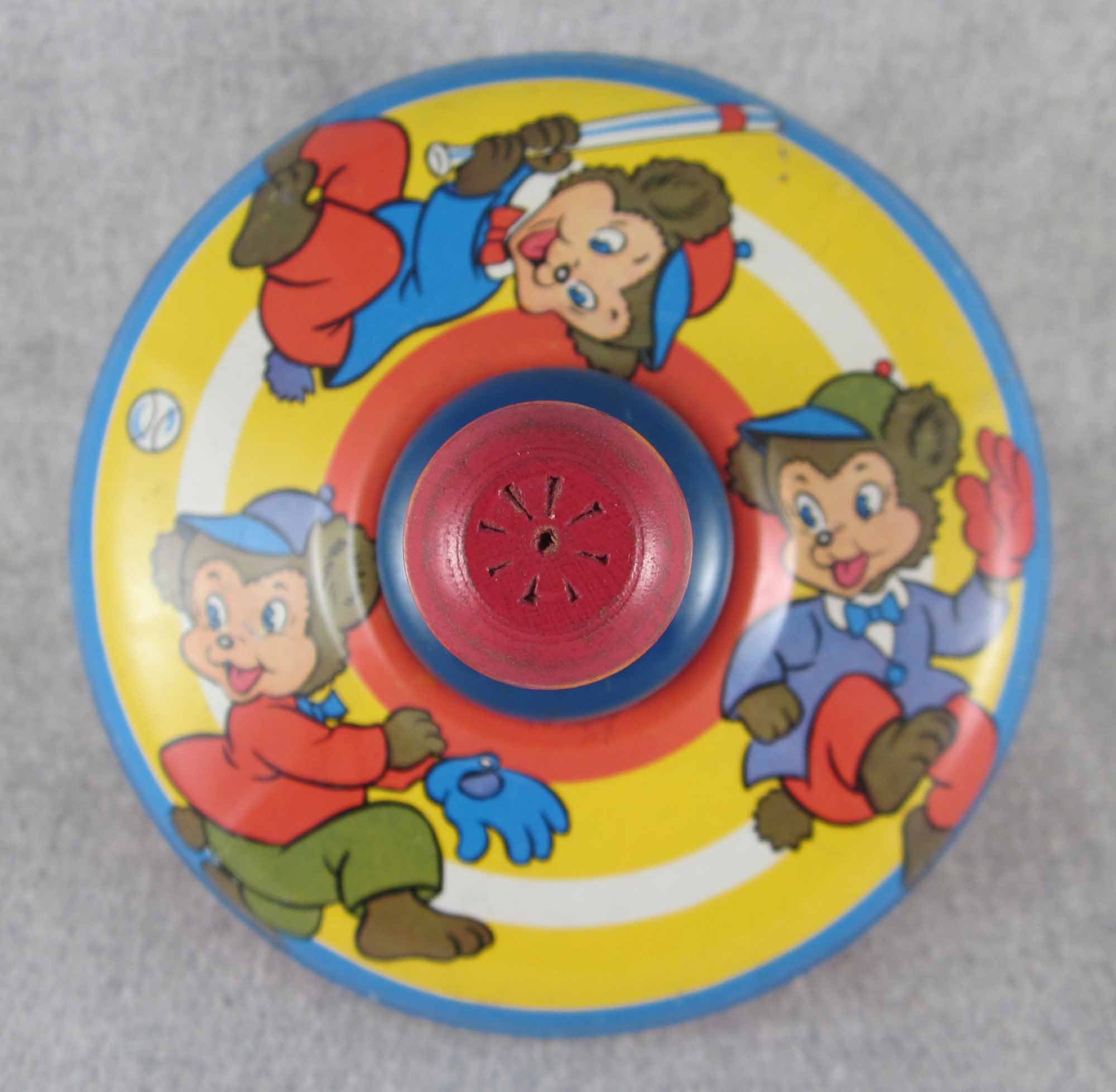 Ohio Art Tin Push Handle Top with Bears Playing Baseball 1950s