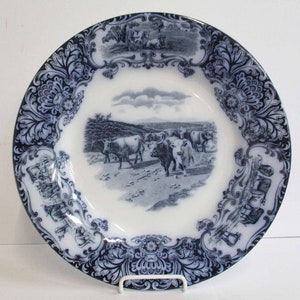 Antique Flow Blue Wedgwood and Co. Cows 10" Diameter Porcelain Plate 1890s