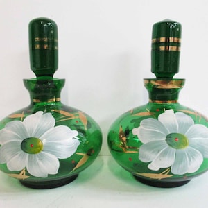 Forest Green with Hand Painted White Flowers and Gold Trim Pair of Perfume Bottles 1940s