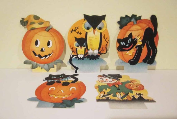 Vintage Group Of 5 Different Halloween Cardboard Cupcake Decorations 1960s Not Used