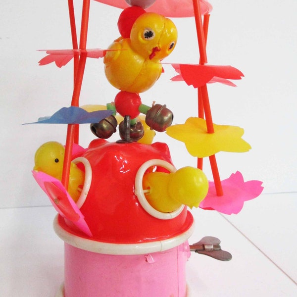 Vintage Easter Celluloid Whirlygig Windup Toy with Chicks Japan Works 1940s