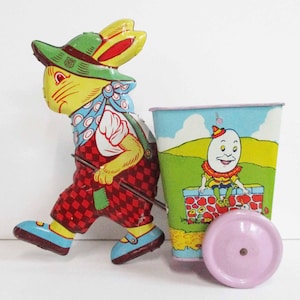 Vintage J. Chein Tin Litho Easter Rabbit Pull Toy: Nursery Rhyme