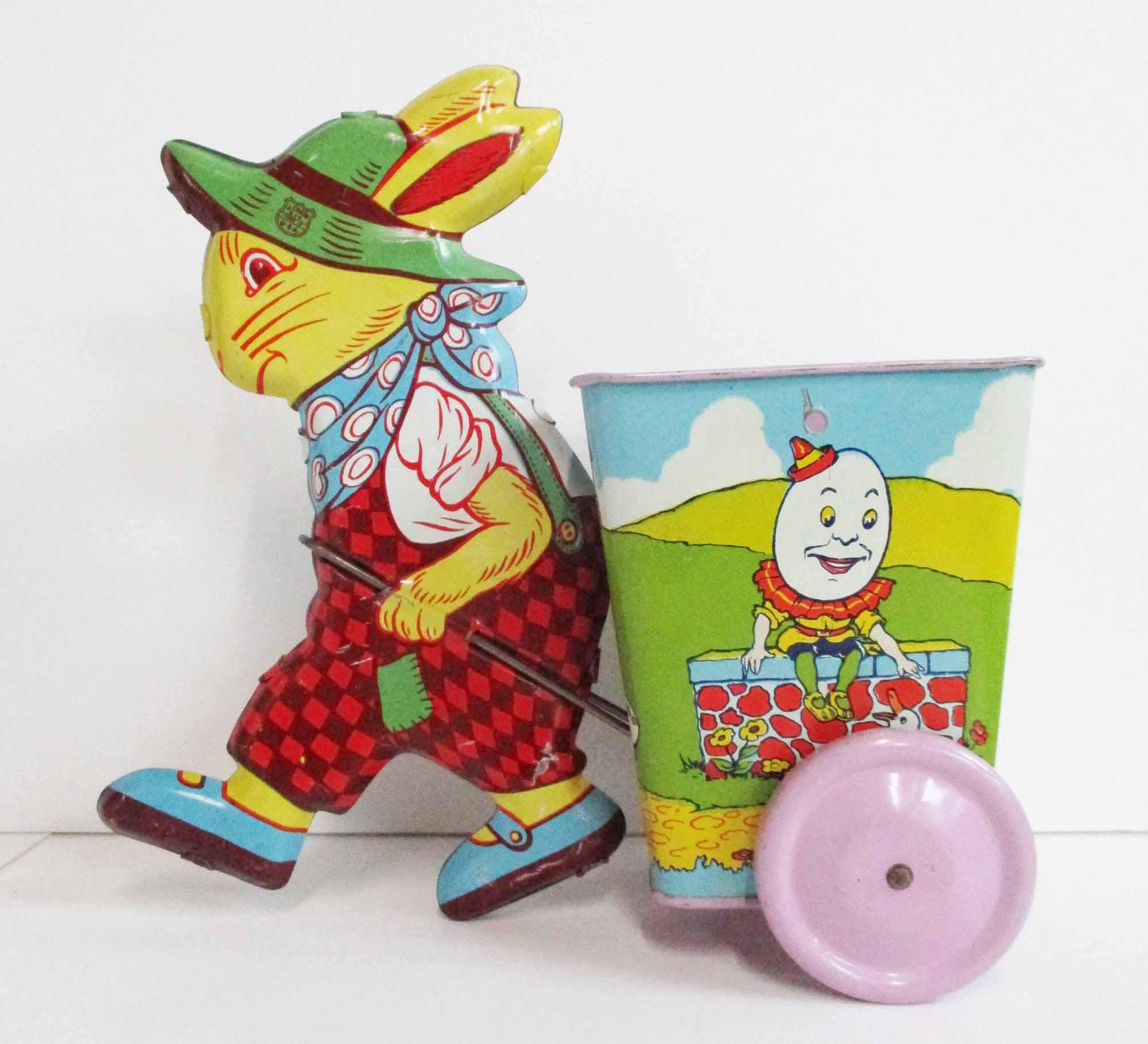 Vintage J. Chein Tin Litho Easter Rabbit Pull Toy: Nursery Rhyme