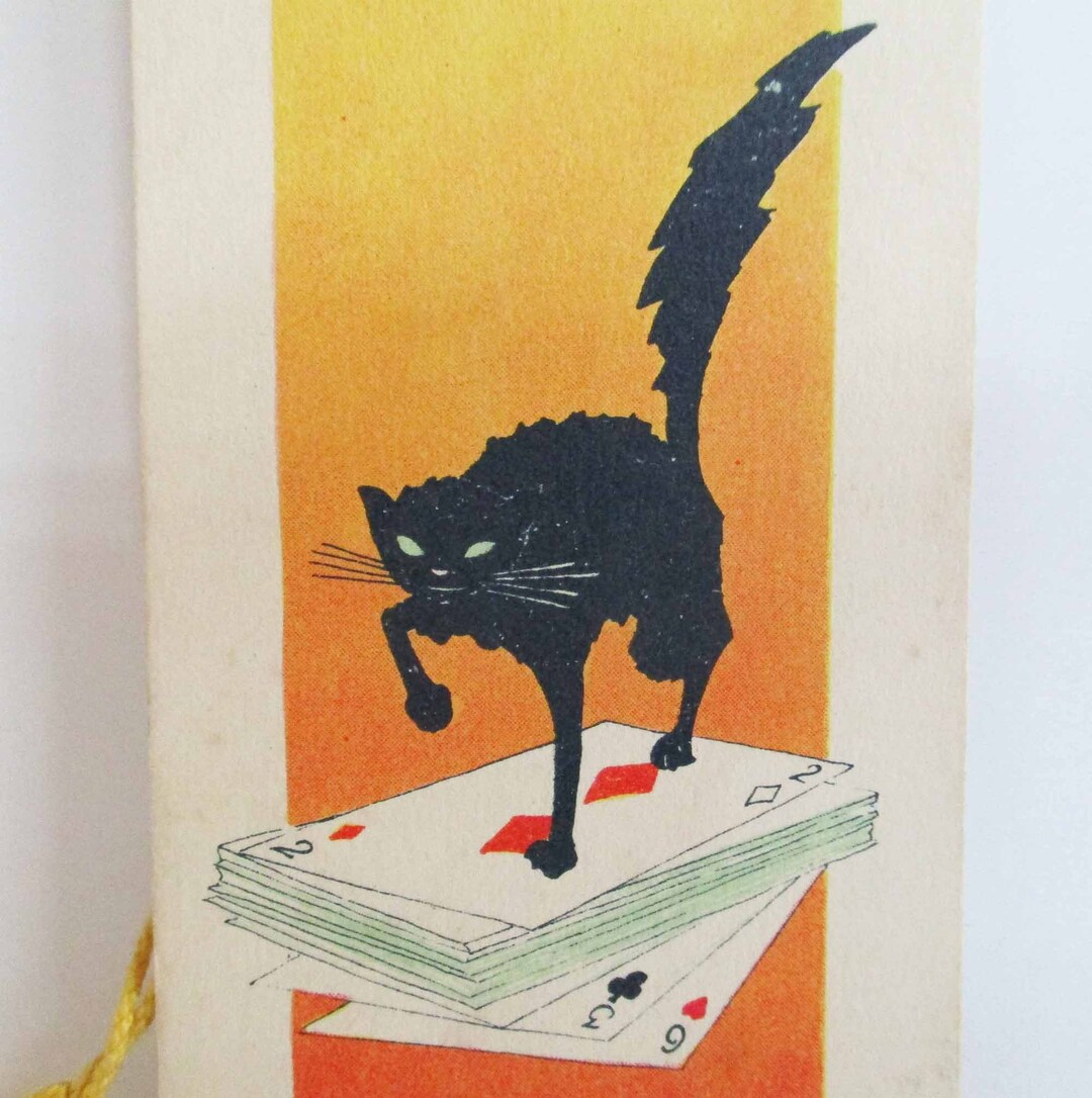 Halloween Bridge Tally With Black Screech Cat on Deck of Cards Not Used ...