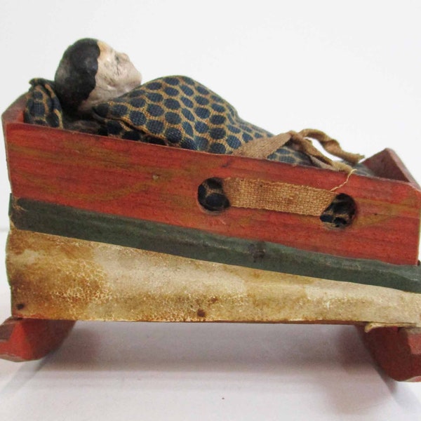 Antique Pip Squeak Toy Bisque Shoulder Head Baby in Wood Cradle with Linens 1:12 1" Scale Dollhouse Furniture Germany c.1890