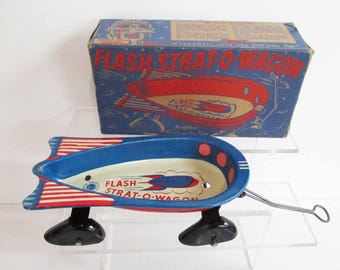 Art Deco Wyandotte Steel Streamlined Character Toy Flash Gordon Flash-O-Wagon with Skirted Fenders and Box 1940s