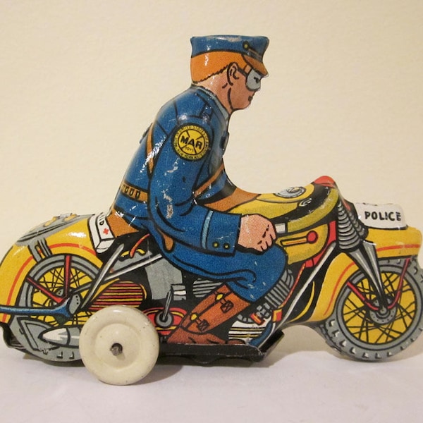 Marx Tin Litho Tricky Police Motorcycle Windup Toy Works