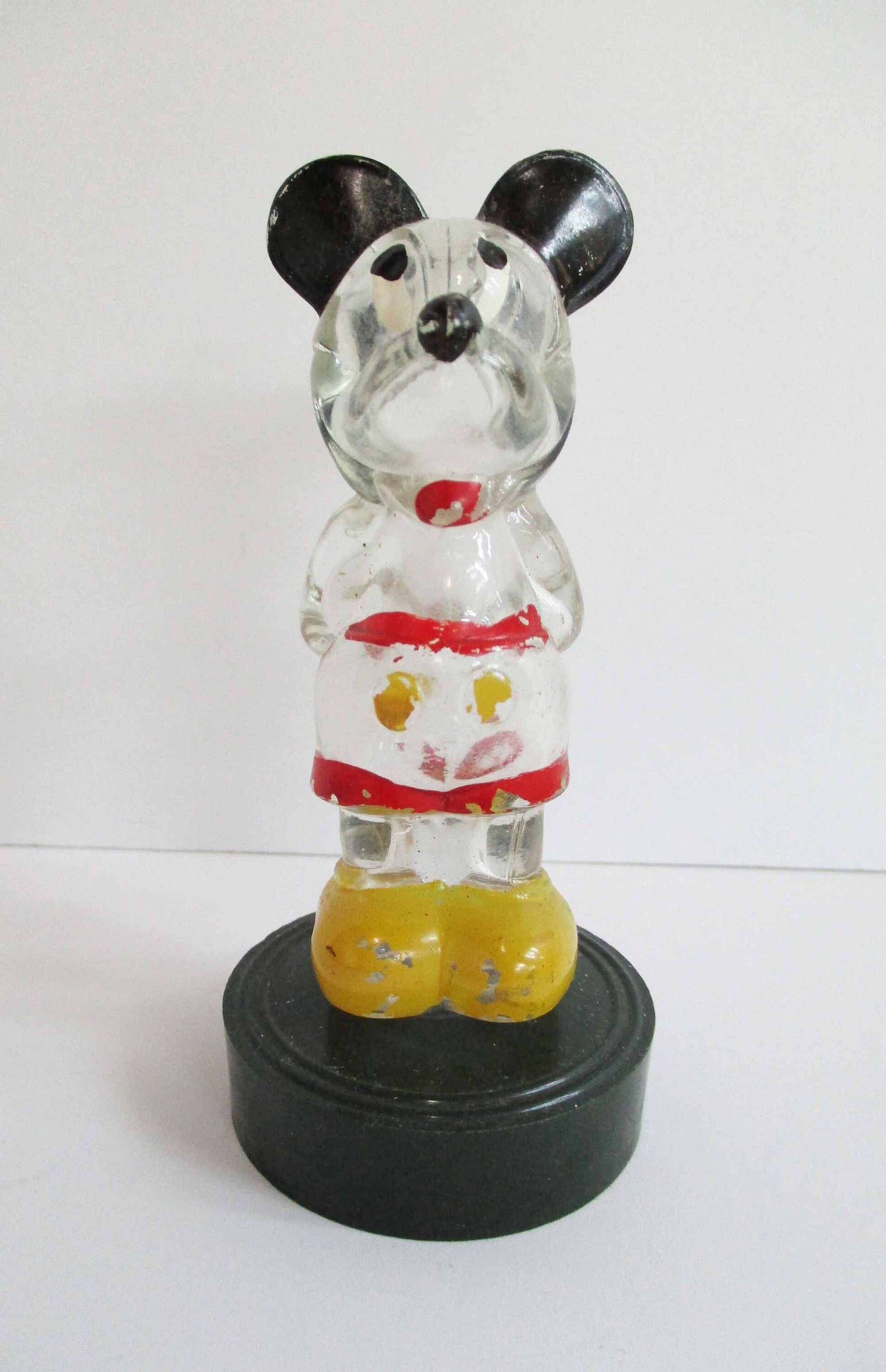 Figural Painted Glass Mickey Mouse Perfume Bottle on Plastic Disc