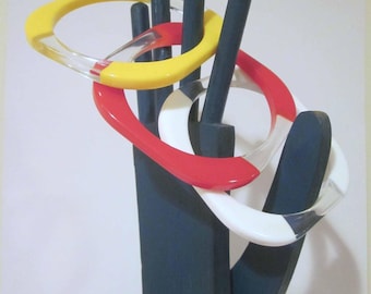 Vintage Mod Lucite Bangle Bracelets: Red, White & Yellow Stacker Set 1970s