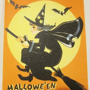 Vintage Hallowe&#39;en Party Invitation Young Witch Flying in Front of Moon with Bats has Envelope Curran Not Used MCM 1950s