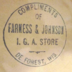 Yellow Ware Advertising Bowl: Farness & Johnson I.G.A. Store, DeForest, WI 1930s